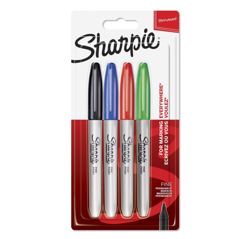 Sharpie Marqueur permanent pointe fine ogive 0,9 mm - pochette de 4 couleurs assorties