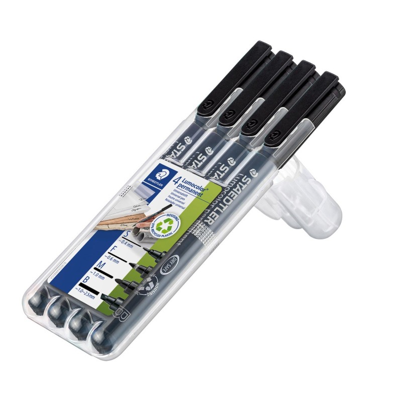 Staedtler Lumocolor Marqueur permanent Lumocolor 4 largeurs de pointe fine ogive 0.4 à 2.5 mm mm - Noir - Étui chevalet de 4