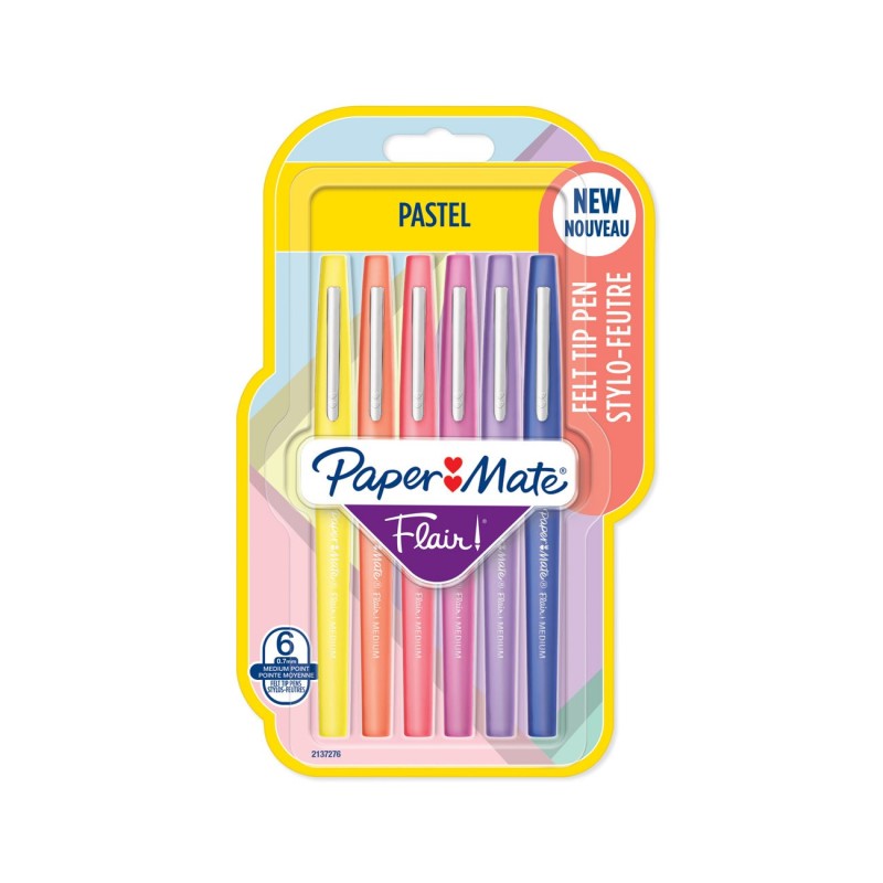 Paper Mate Flair Original Stylo feutre à capuchon pointe moyenne 0,7 mm - lot de 6 coloris pastel