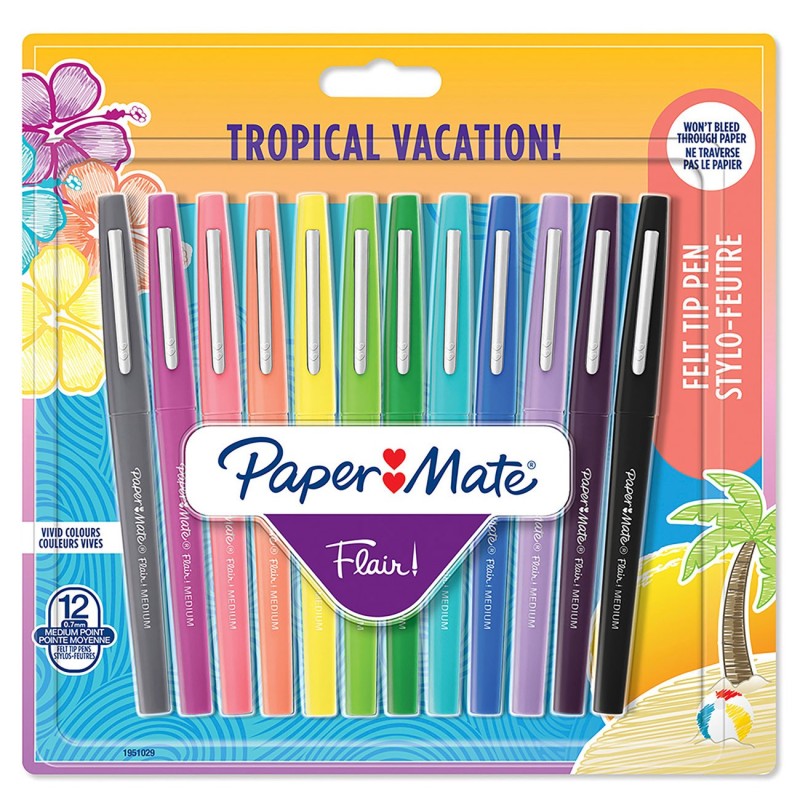Paper Mate Flair Original Stylo feutre à capuchon pointe moyenne 0,7 mm - Pochette 12 couleurs Tropical