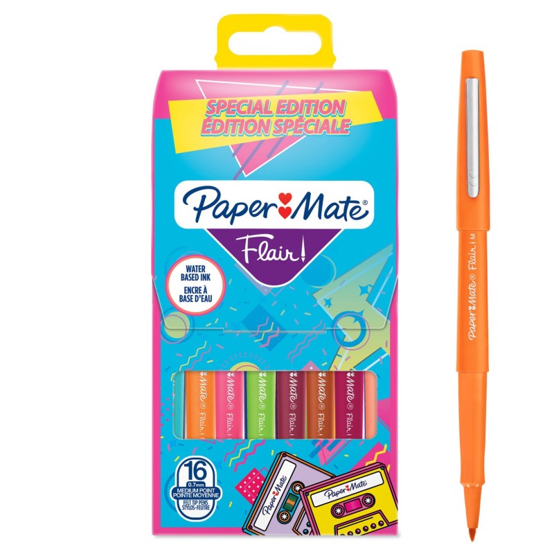 Paper Mate Flair Original Stylo feutre à capuchon pointe moyenne 0,7 mm - Pochette 16 couleurs Rétro