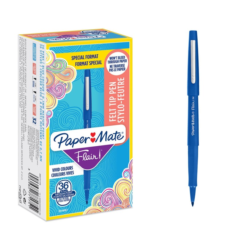 Paper Mate Flair Original Stylo feutre à capuchon pointe moyenne 1 mm - Bleu - Pack de 30 + 6 OFFERTS