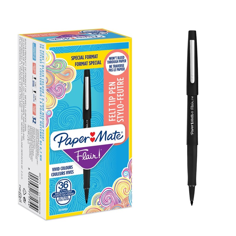 Paper Mate Flair Original Stylo feutre à capuchon pointe moyenne 1 mm - Noir - Pack de 30 + 6 OFFERTS