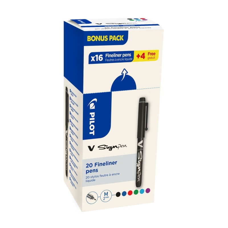 Pilot V-Sign Pen Stylo feutre à capuchon pointe moyenne 2 mm - Couleurs assorties - Lot de 16 + 4 OFFERTS