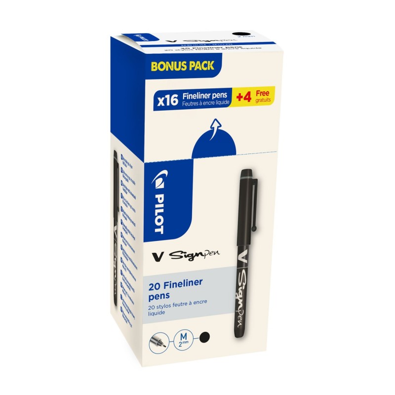 Pilot V-Sign Pen Stylo feutre à capuchon pointe moyenne 2 mm - Noir - Lot de 16 + 4 OFFERTS
