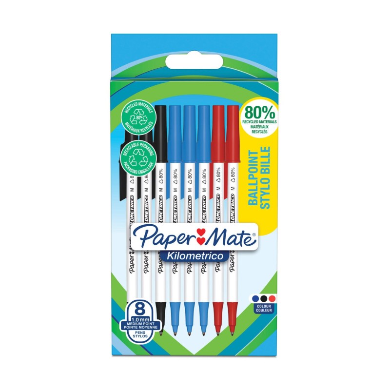 Papermate Kilometrico Stylo à bille à capuchon pointe moyenne 1 mm - Noir, Bleu, Rouge - sachet de 8