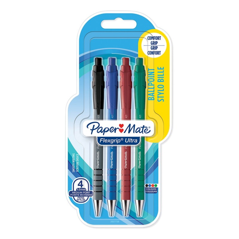 Paper Mate Flexgrip Ultra RT Stylo bille rétractable pointe moyenne 1 mm - lot de 4 couleurs assorties