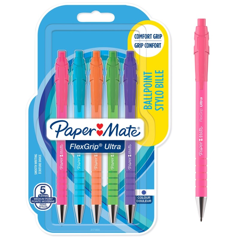 Paper Mate Flexgrip Ultra RT Stylo bille rétractable pointe moyenne 1 mm encre bleue corps assortis pastel - lot de 5