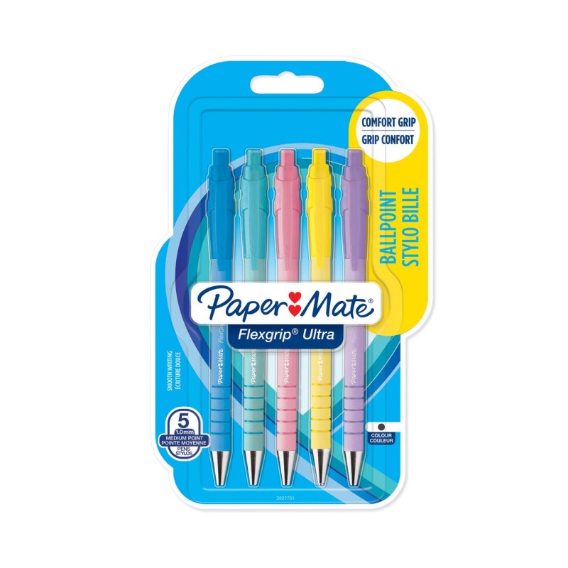 Paper Mate Flexgrip Ultra RT Stylo bille rétractable pointe moyenne 1 mm encre noire - lot de 5 couleurs pastel assorties