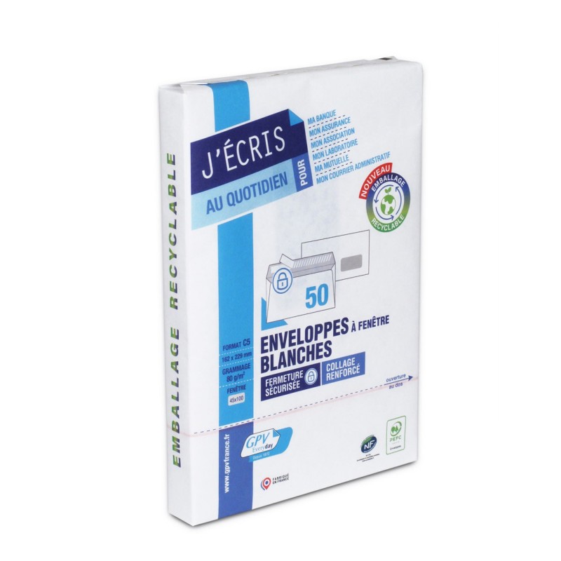 GPV Enveloppe blanche C5 162 x 229 mm 80g fenêtre 45 x 100 mm - autocollante bande protectrice - Lot de 50