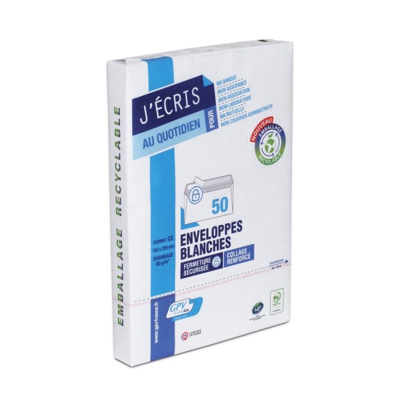GPV Enveloppe blanche C5 162 x 229 mm 80g sans fenêtre - autocollante bande protectrice - Lot de 50