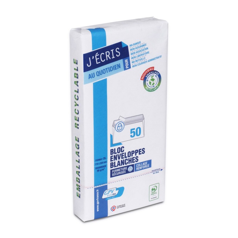 GPV Enveloppe blanche DL 110 x 220 mm 90g sans fenêtre - autocollante bande protectrice - Lot de 50