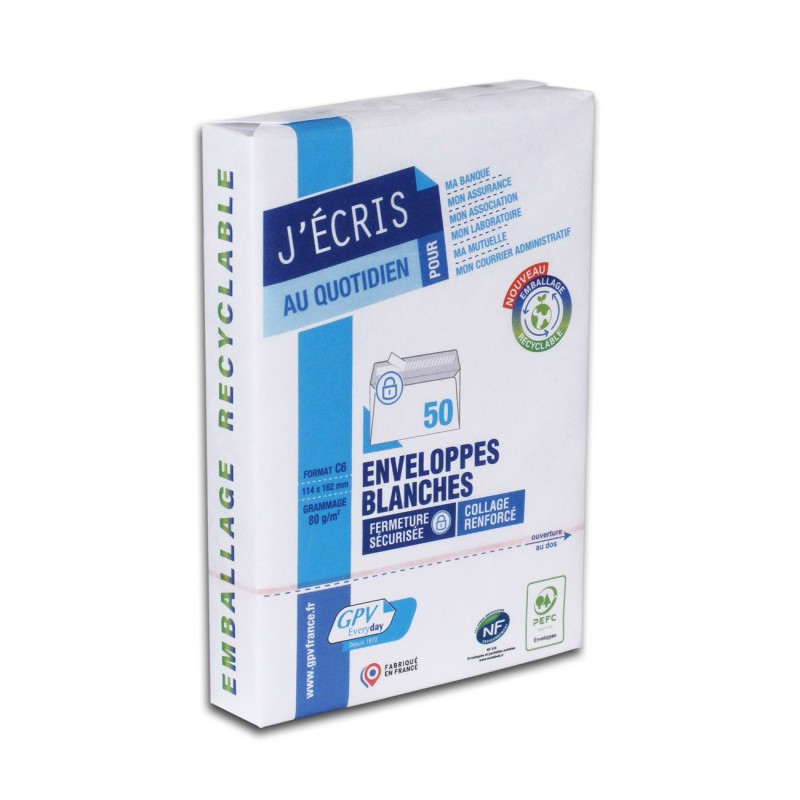 GPV Enveloppe C6 114 x 162 mm 80g sans fenêtre - autocollante bande protectrice - Lot de 50