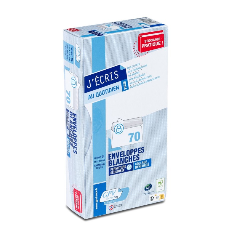 GPV Enveloppe DL 110 x 220 mm 80g sans fenêtre - autocollante bande protectrice - Lot de 70