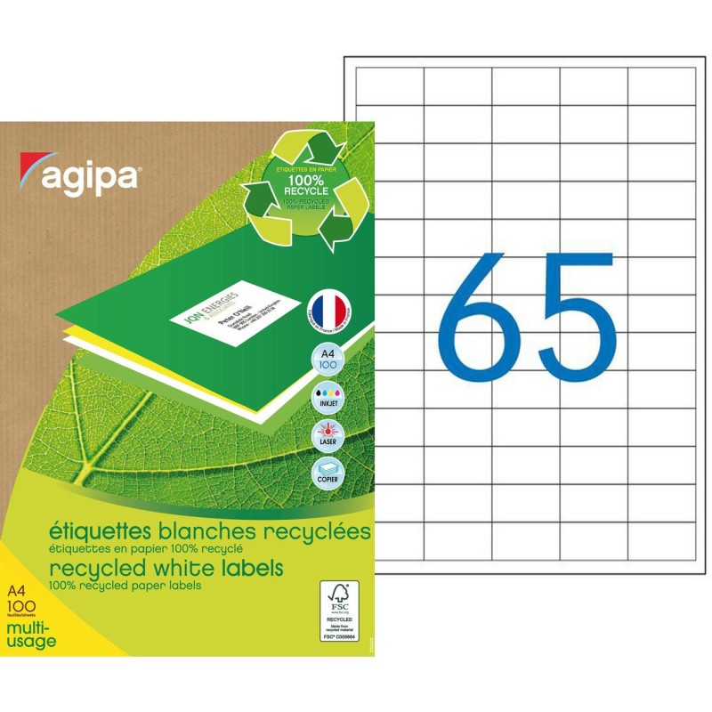 AGIPA 101185 Etiquettes blanches recyclées multi-usage 38 x 21,2 mm - Boîte de 6500