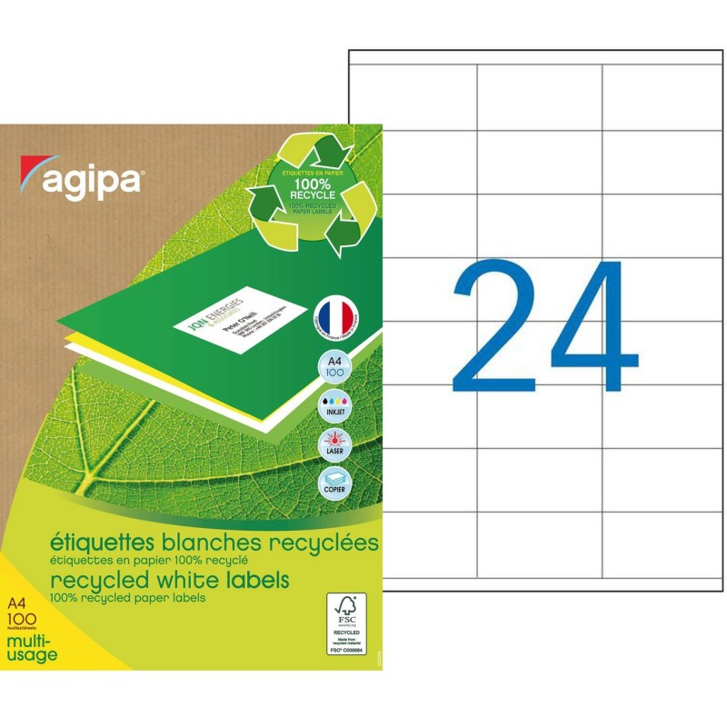 AGIPA 101186 Etiquettes blanches recyclées multi-usage 70 x 35 mm - Boîte de 2400