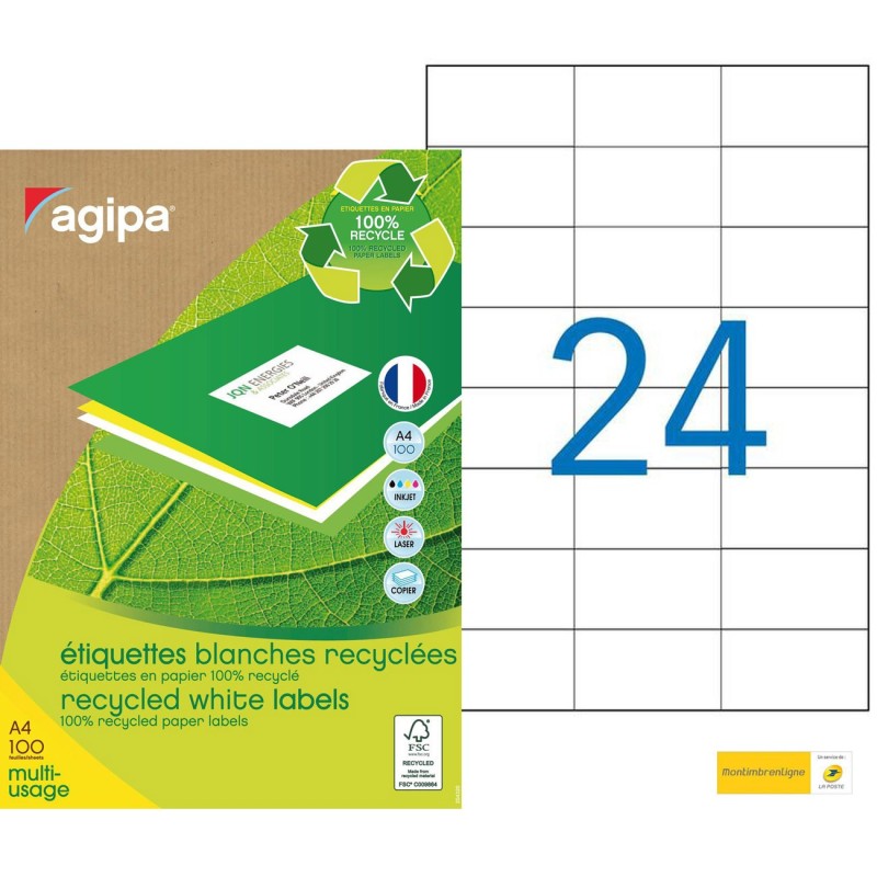 AGIPA 101187 Etiquettes blanches recyclées multi-usage 70 x 37 mm - Boîte de 2400