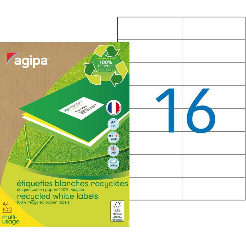 AGIPA 101190 Etiquettes blanches recyclées multi-usage 105 x 37 mm - Boîte de 1600