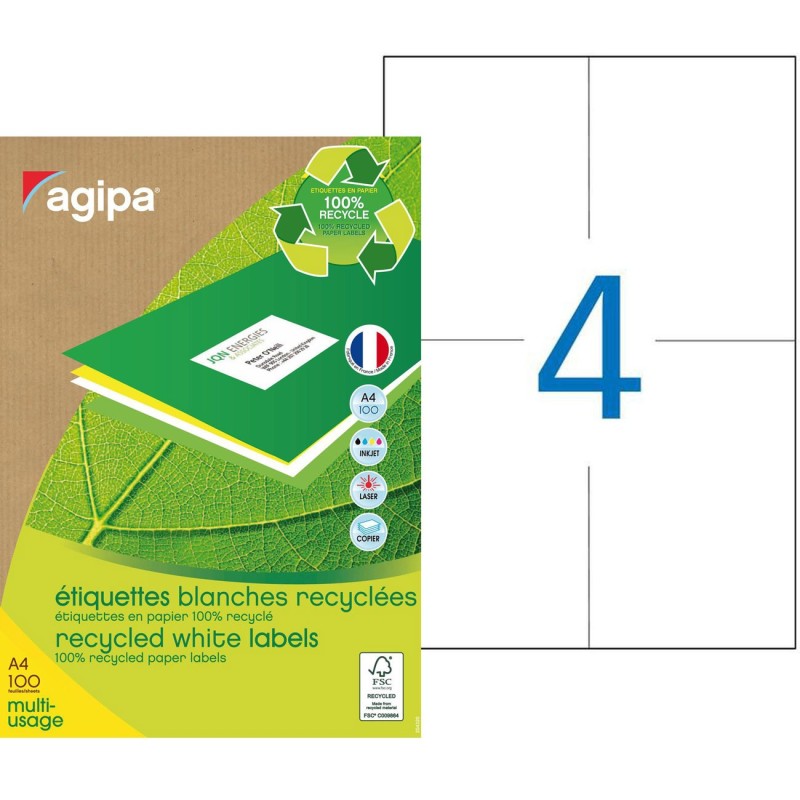 AGIPA 101193 Etiquettes blanches recyclées multi-usage 105 x 148,5 mm - Boîte de 400