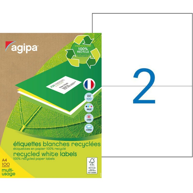 AGIPA 101194 Etiquettes blanches recyclées multi-usage 210 x 148,5 mm - Boîte de 200