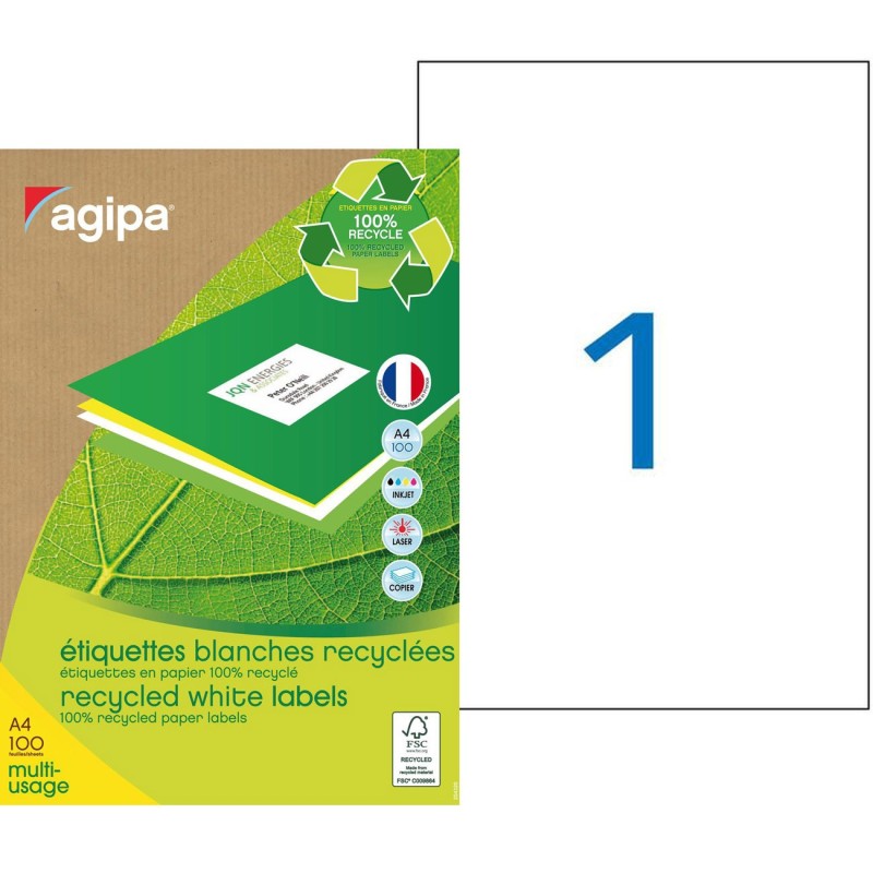 AGIPA 101195 Etiquettes blanches recyclées multi-usage 210 x 297 mm - Boîte de 100