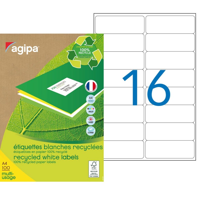 AGIPA 102647 Etiquettes blanches recyclées multi-usage 99,1 x 33,9 mm - Boîte de 1600