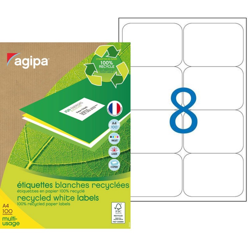 AGIPA 102648 Etiquettes blanches recyclées multi-usage 99,1 x 67,7 mm - Boîte de 800