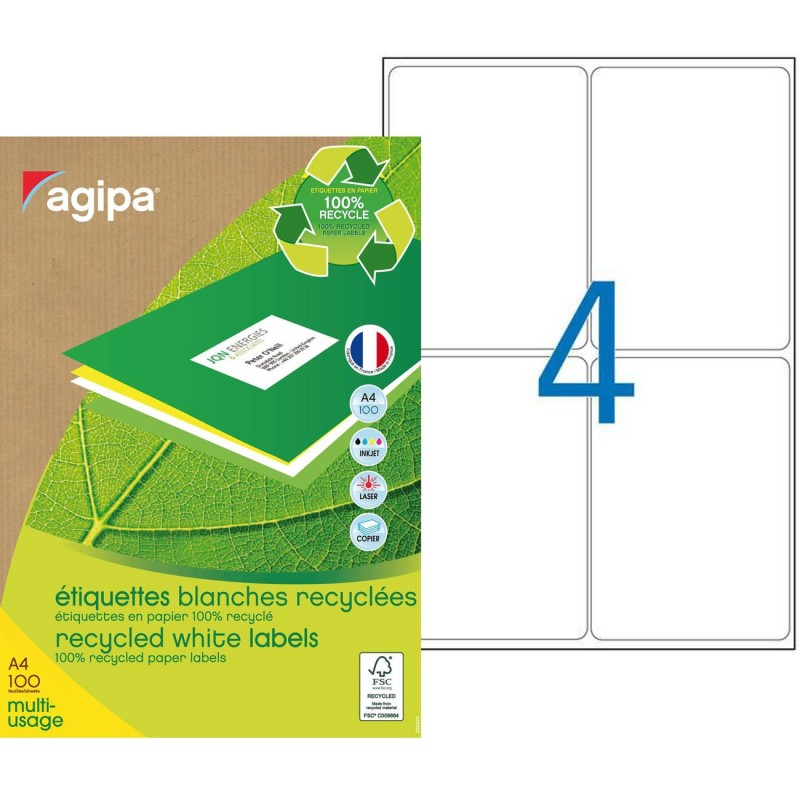 AGIPA 102649 Etiquettes blanches recyclées multi-usage 99,1 x 139 mm - Boîte de 400