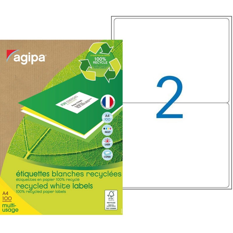AGIPA 102650 Etiquettes blanches recyclées multi-usage 199,6 x 143,5 mm - Boîte de 200