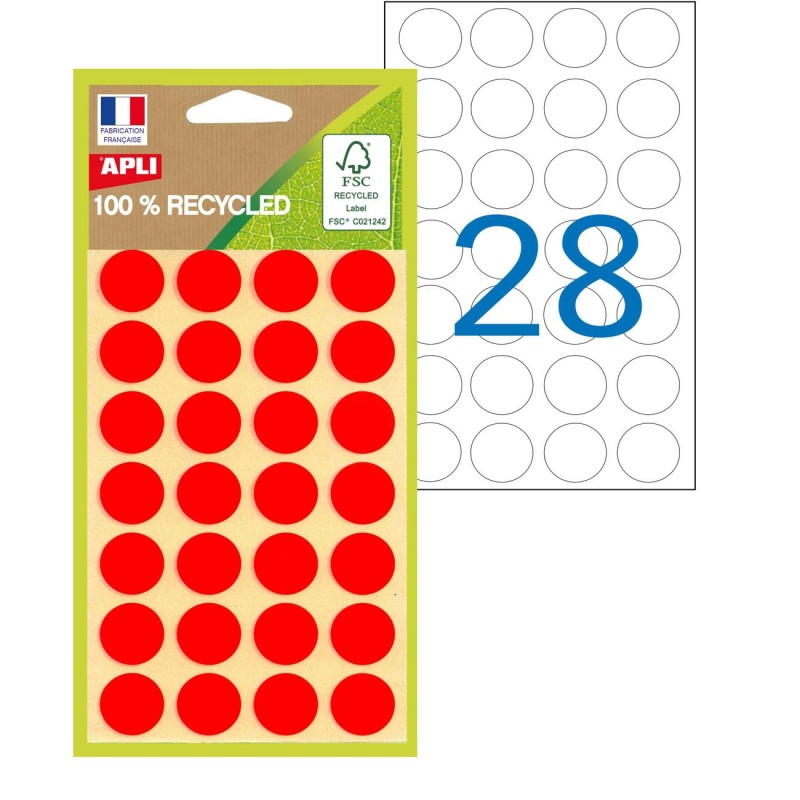 APLI Pastilles adhésives recyclées Ø 15 mm - 101784 - Pochette de 168 - Rouge