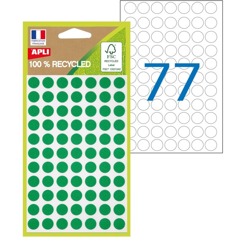 APLI Pastilles adhésives recyclées Ø 8 mm - 101777 - Pochette de 462 - Vert