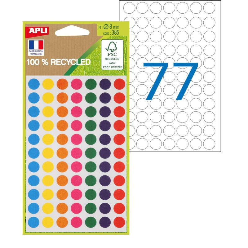 APLI Pastilles adhésives recyclées Ø 8 mm - 101781 - Pochette de 385 - Assorties