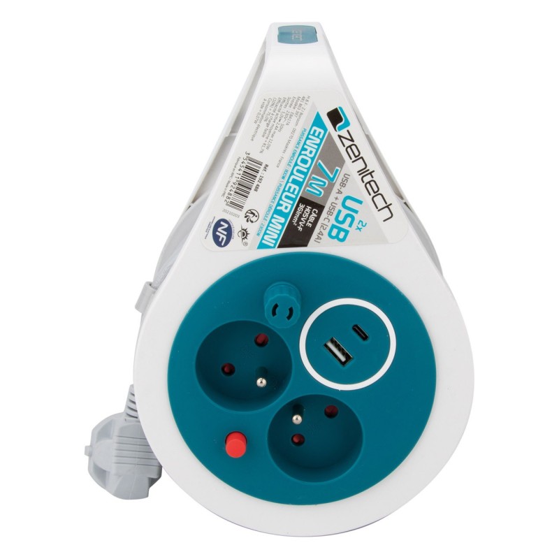 Zenitech Mini enrouleurs 2 prises 16A + 2 USB - Turquoise