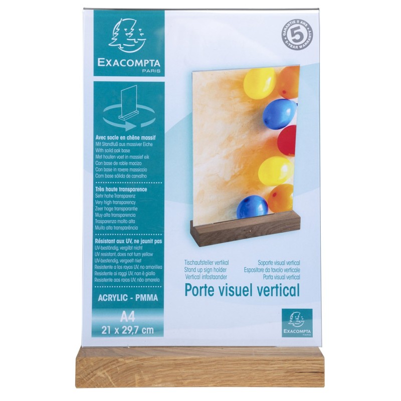 Exacompta Présentoir de document vertical A4 Cristal avec socle en bois - Transparent