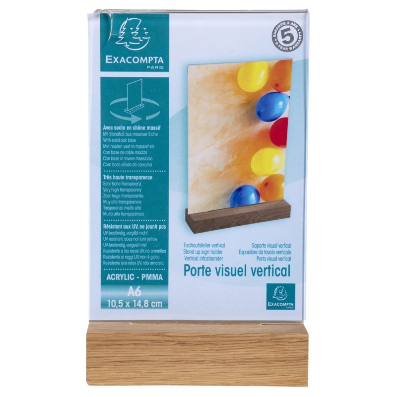 Exacompta Présentoir de document vertical A6 Cristal avec socle en bois - Transparent