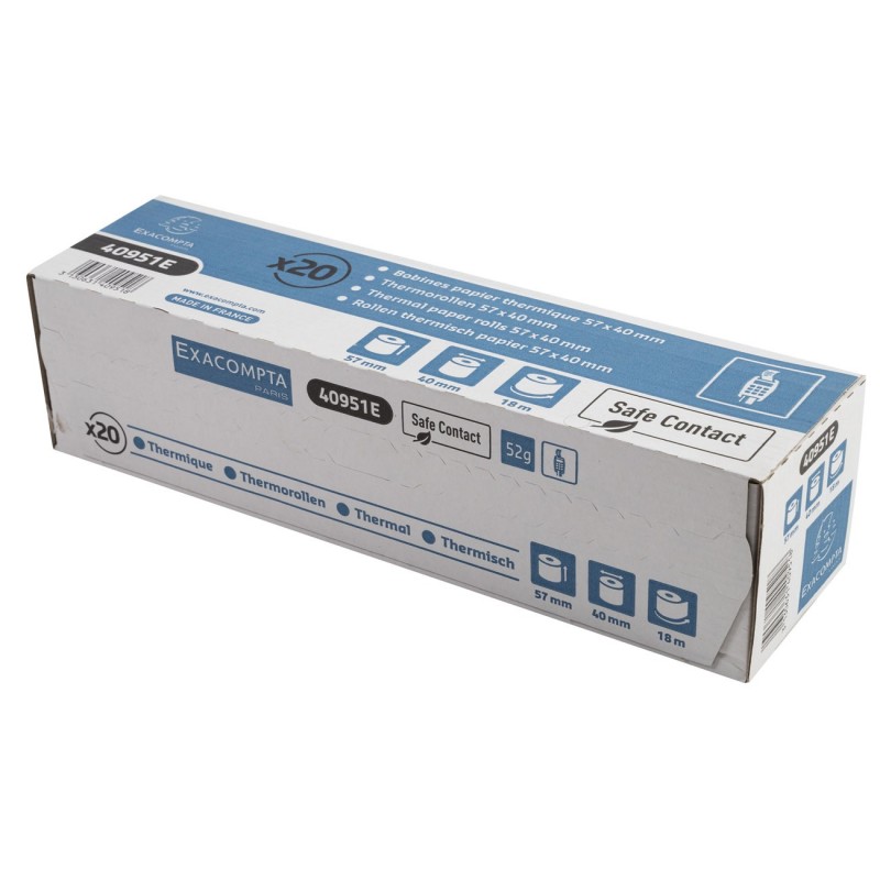 Exacompta Bobine TPE carte bancaire 57 x 40 x 12 mm - Longueur 18M - 40951E - Rouleau Papier thermique 1 pli 52g sans Phénol safe contact - Lot de 20