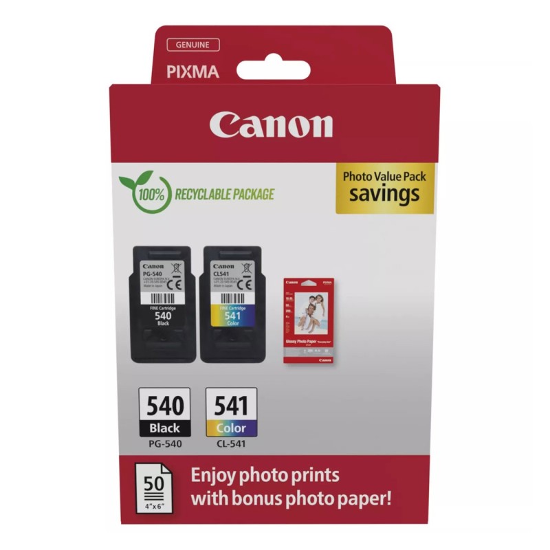 Canon PG-540/CL-541 Cartouche authentique - Pack de 2 (Noir + Couleur) + Papier Photo 10 x 15 cm (50 feuilles)