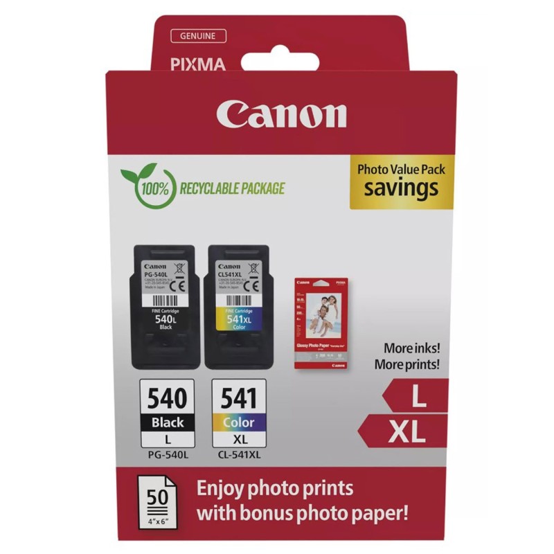 Canon PG-540L / CL-541XL Photo Value Pack - Cartouche d'encre authentique 5224B012 - Pack de 2 (Noir + Couleur) + Papier Photo 10 x 15 cm (50 feuilles)