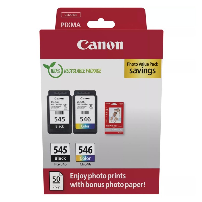 Canon PG-545/CL-546 Cartouche authentique - Pack de 2 (Noir + Couleur) + Papier Photo 10 x 15 cm (50 feuilles)