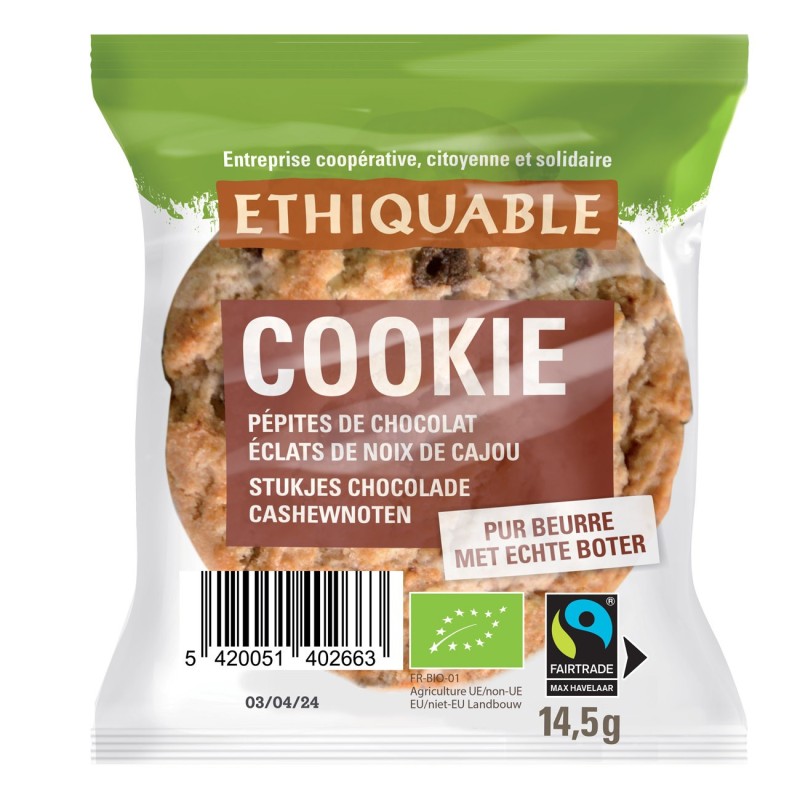 Ethiquable Cookies bio avec des pépites de chocolat et éclats de noix de cajou - Lot de 90 sachets individuels de 14,5 g