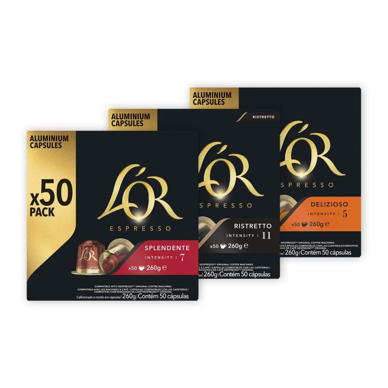 L'OR Espresso Café Splendente + Ristretto + Deliozioso Pack de 150 capsules