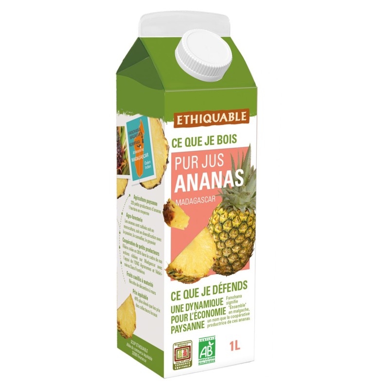 Ethiquable Pur jus d'ananas Bio et équitable 1 L - Lot de 8