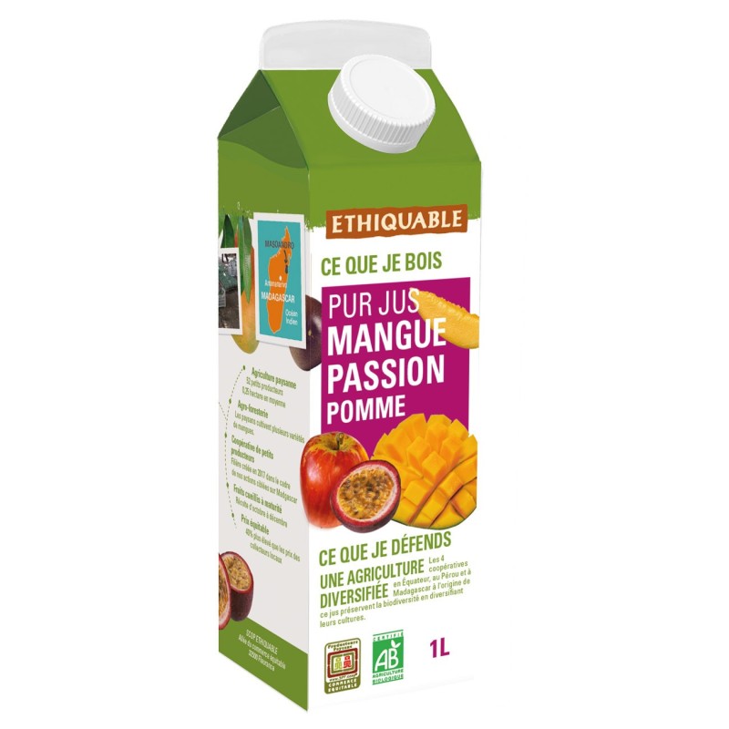 Ethiquable Pur jus de fruit mangue pomme passion Bio et équitable 1 L - Lot de 8