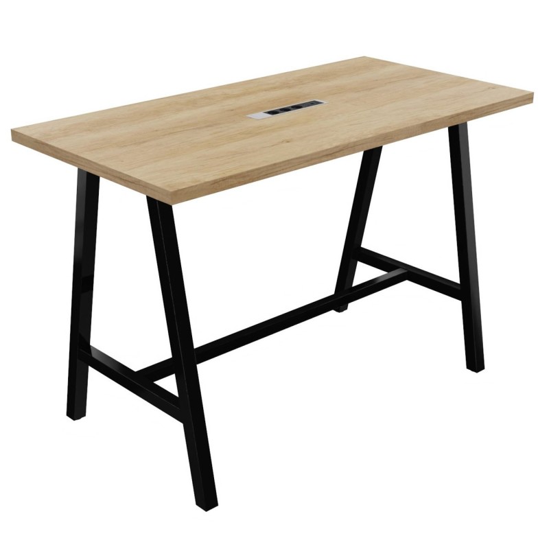 Table de réunion coworking Cohésion H.107 x L.160 x P.80 cm avec électrification - Plateau Chêne Nebraska - Pieds Noir