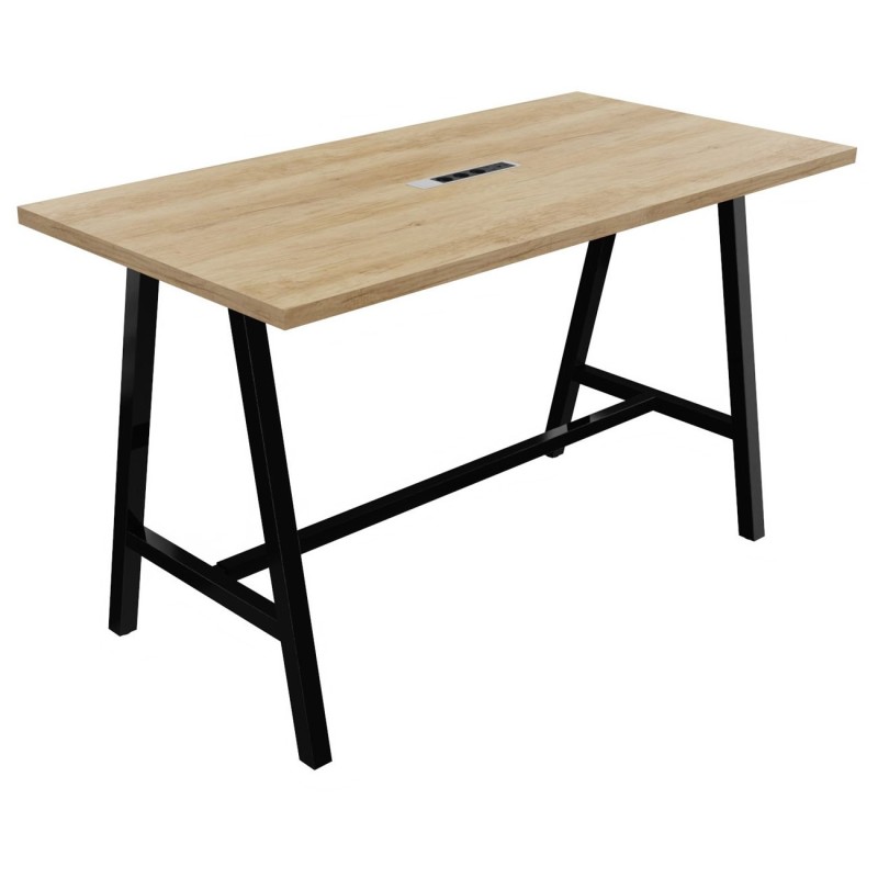 Table de réunion coworking Cohésion H.107 x L.180 x P.90 cm avec électrification - Plateau Chêne Nebraska - Pieds Noir