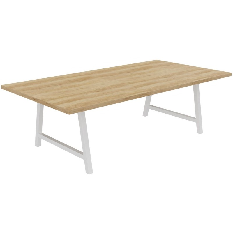 Table de réunion coworking Cohésion H.74 x L.240 x P.120 cm - Plateau Chêne Nebraska - Pieds Blanc