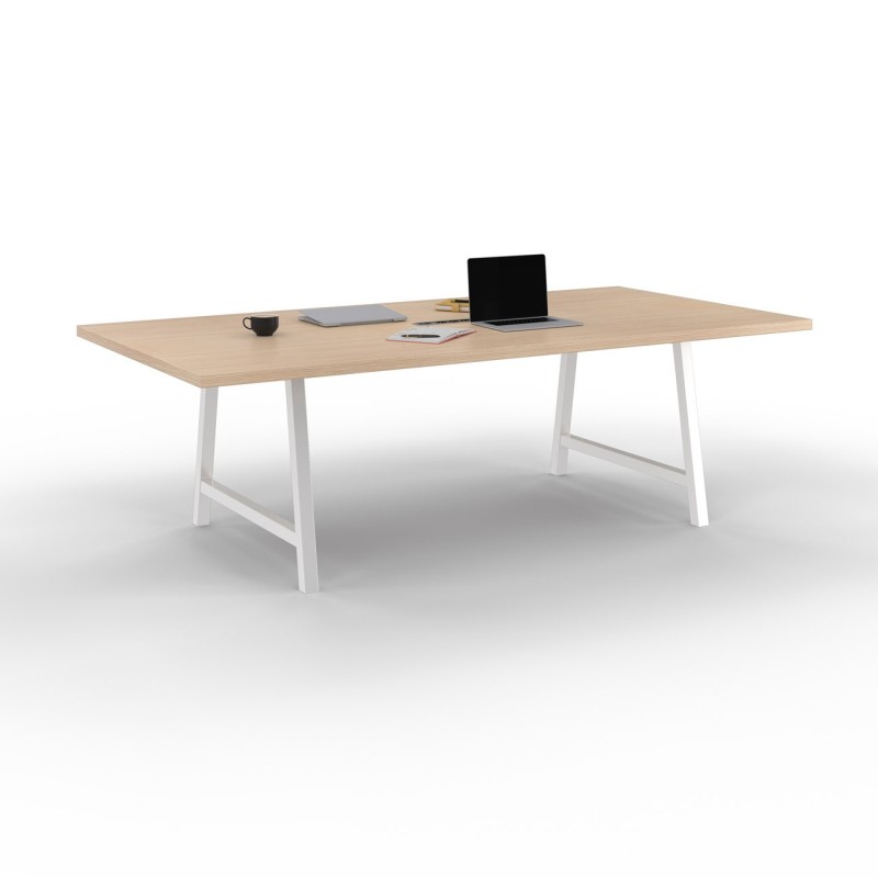 Table de réunion coworking Cohésion H.74 x L.240 x P.120 cm avec électrification - Plateau Chêne - Pieds Blanc