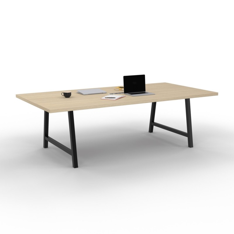 Table de réunion coworking Cohésion H.74 x L.240 x P.120 cm avec électrification - Plateau Chêne - Pieds Noir