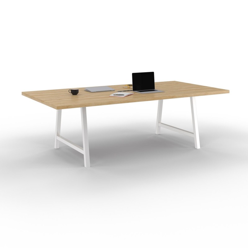 Table de réunion coworking Cohésion H.74 x L.240 x P.120 cm avec électrification - Plateau Chêne Nebraska - Pieds Blanc