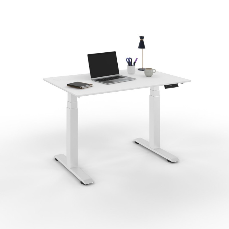 Bureau assis-debout Activ'o - Réglage électrique en hauteur - L.120 x P.80 cm - Plateau Blanc avec obturateurs - Pieds métal Blanc